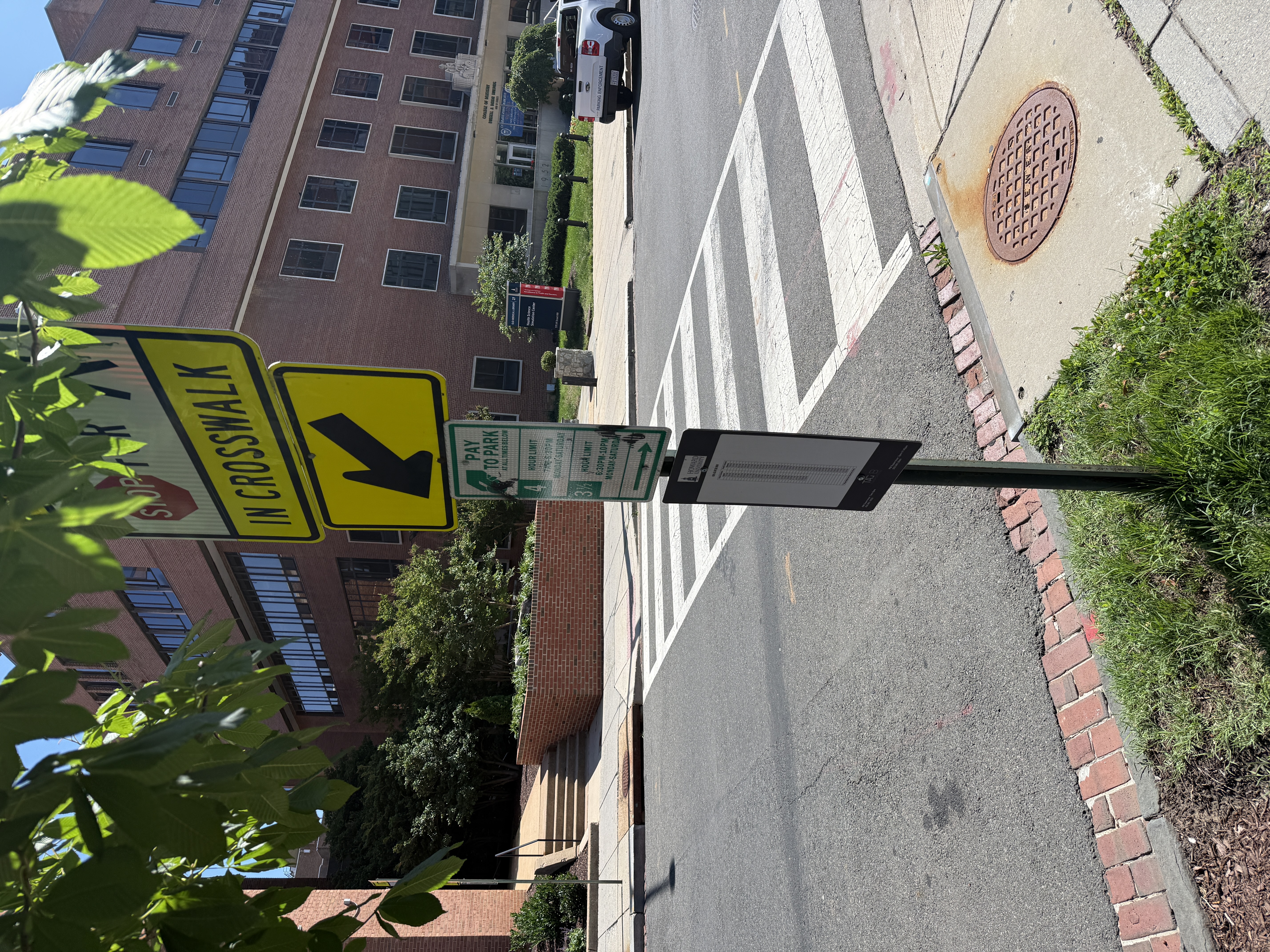 Green Pay to Park meter signs at the corner of 6th Street NW and W Street NW, by Howard University, authorize metered parking right up to a marked continental crosswalk -- on both sides of the street -- at the same corner where a Stop for Pedestrians in Crosswalk sign is posted. The fix is in DDOT's sign and meter placement, not the parked vehicles.