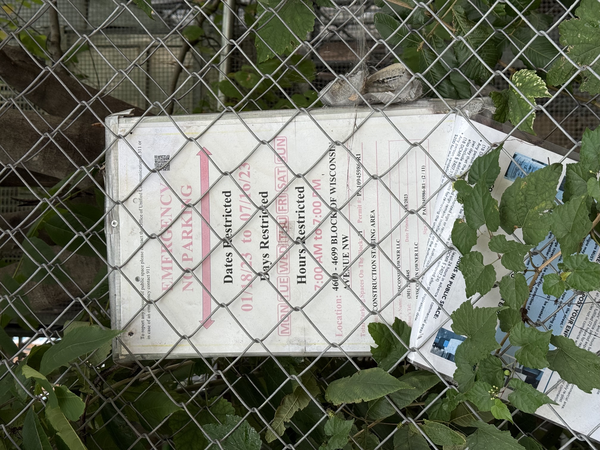 An Emergency No Parking public space permit sign zip-tied behind a chain-link fence, half obscured by leaves. It reads: Dates Restricted 01/18/23 to 07/16/23, Hours Restricted 7:00 AM to 7:00 PM, Location 4600-4699 Block of Wisconsin Avenue NW, construction staging area, permittee Wisconsin Owner LLC, permit P.10945986-R1.